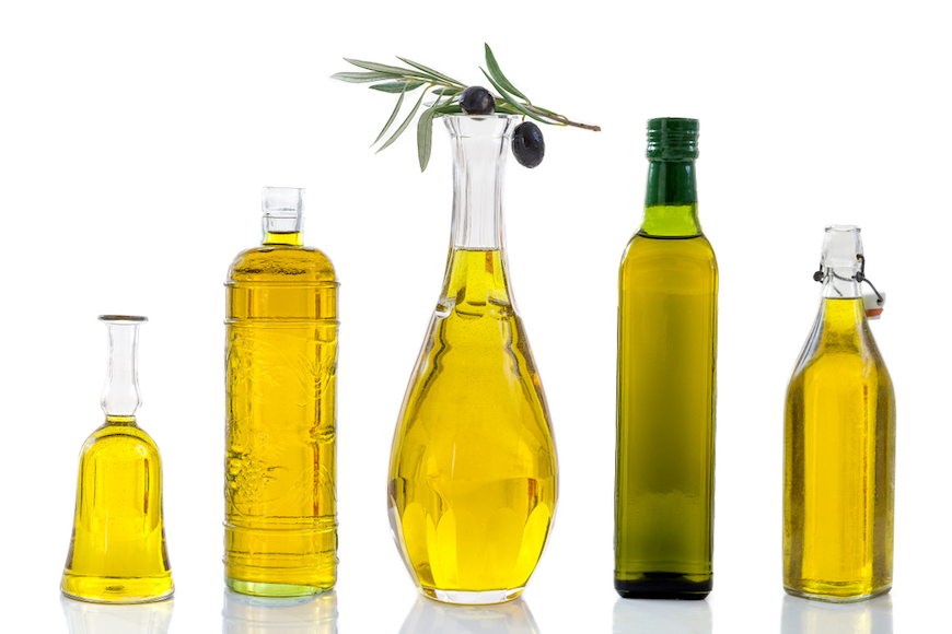 Various,Olive,Oil,Glass,Jar,,With,Branch,Of,Leaves,And