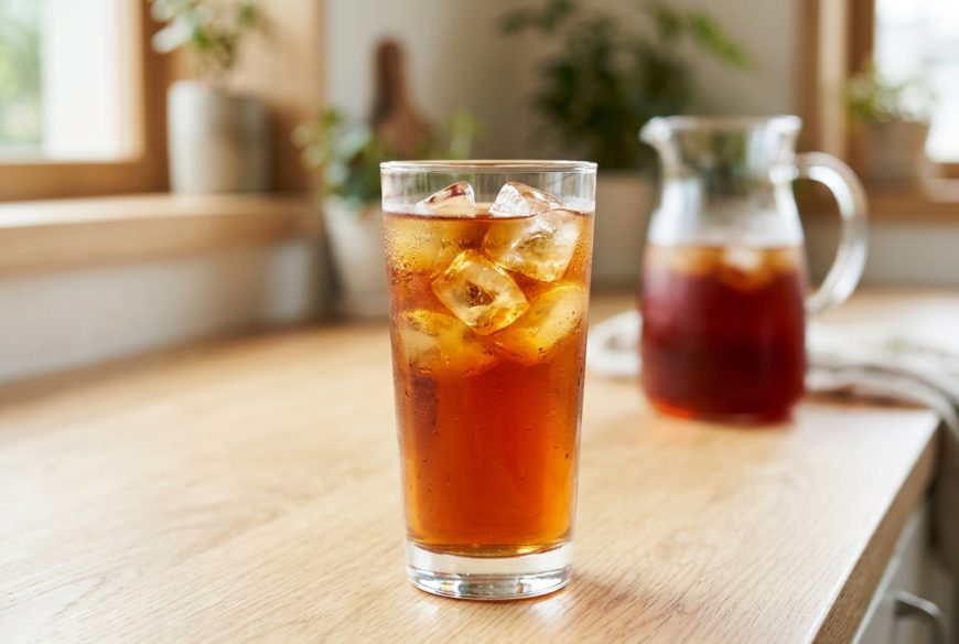 氷を入れたグラスの冷たい黒豆茶と、奥のピッチャーのイメージ