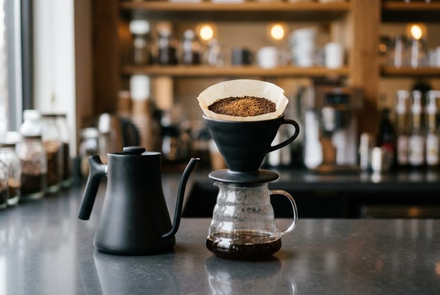 カフェのカウンターで、ドリッパーのコーヒー粉の上にシナモンパウダーをふったところ