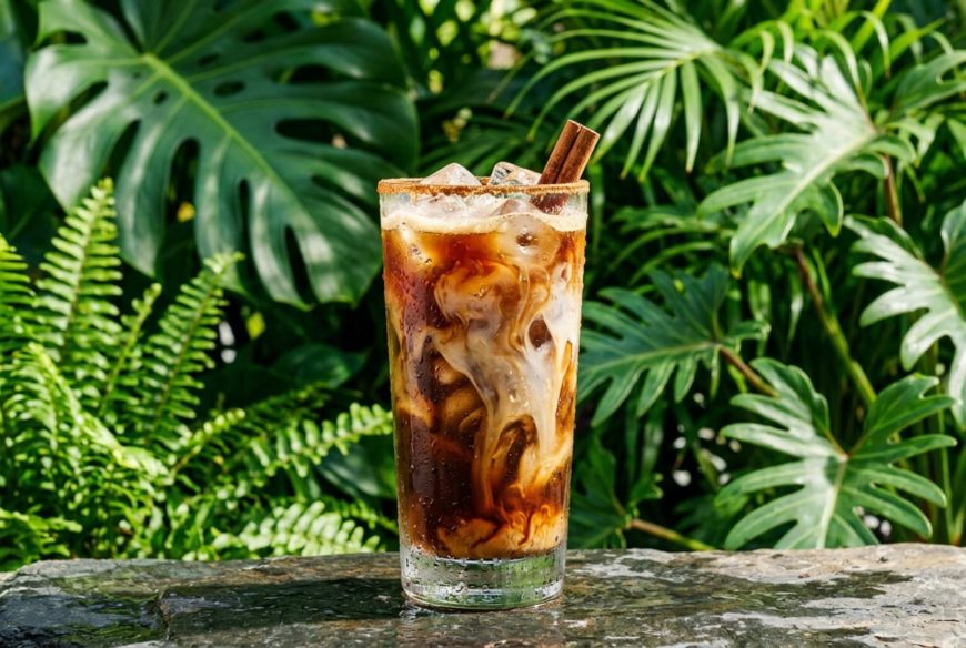 屋外の緑の葉を背景にした、シナモンスティックを添えたアイスシナモンコーヒー