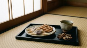 障子越しの光が入る和室で、漆のお盆にのせた八ッ橋と肉桂（ニッキ）の樹皮、湯のみの緑茶