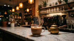 カフェのカウンターに置いた、シナモンスティックを添えたガラスのカップのチャイ